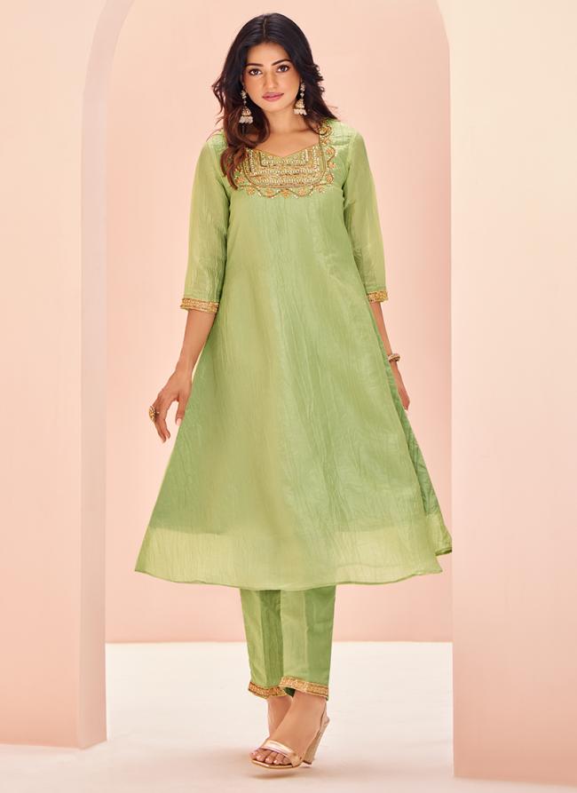 Organza Light Green Party Wear Hand Work Readymade Kurti With Pant